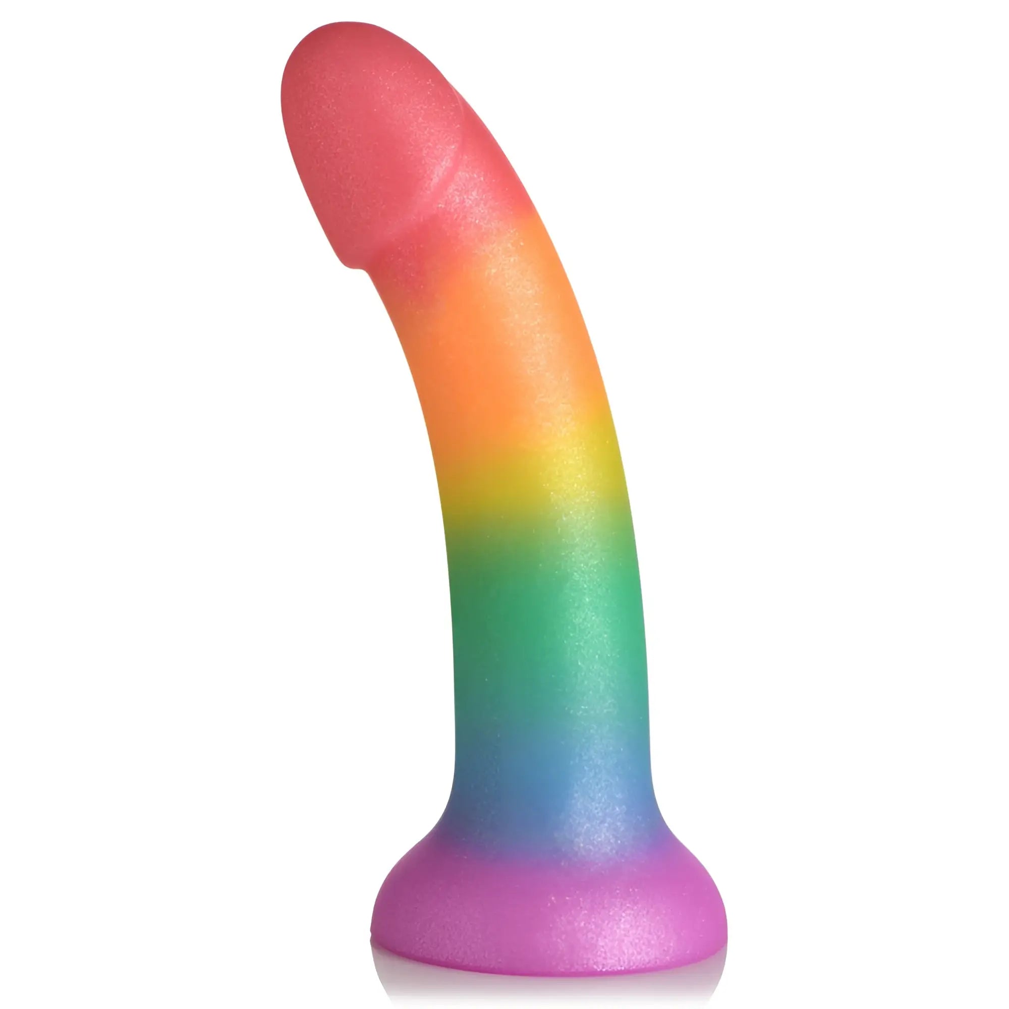 Curve Toys Phallic Rainbow Silicone Dildo: A curved, glittery, rainbow-colored dildo with a flared suction-cup base.
