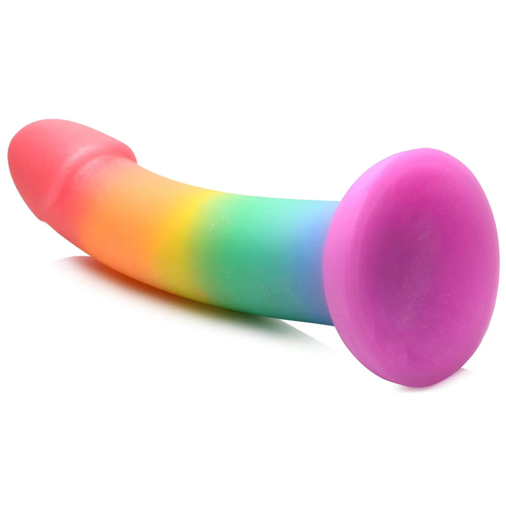 Curve Toys Phallic Rainbow Silicone Dildo: A realistic, curved rainbow-colored dildo with a wide pink suction base.