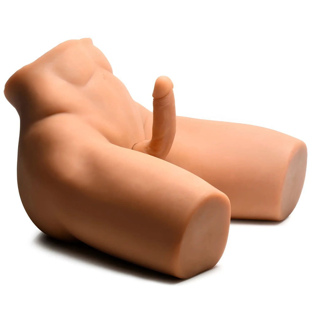 Curve Toys poseable torso with a realistic-textured, flesh-toned thrusting dildo on a white background.