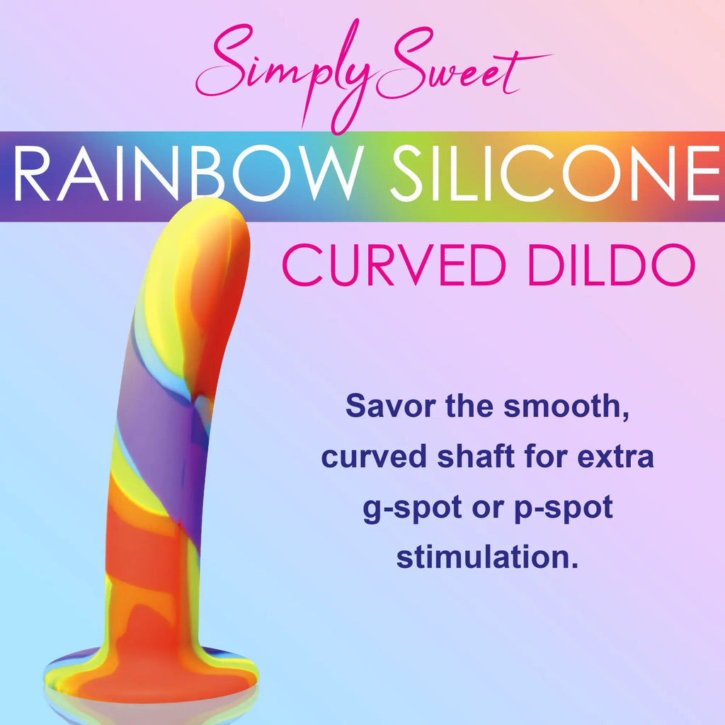Curve Toys Rainbow Silicone Dildo, a smooth, multi-colored, curved silicone toy with a flared base.