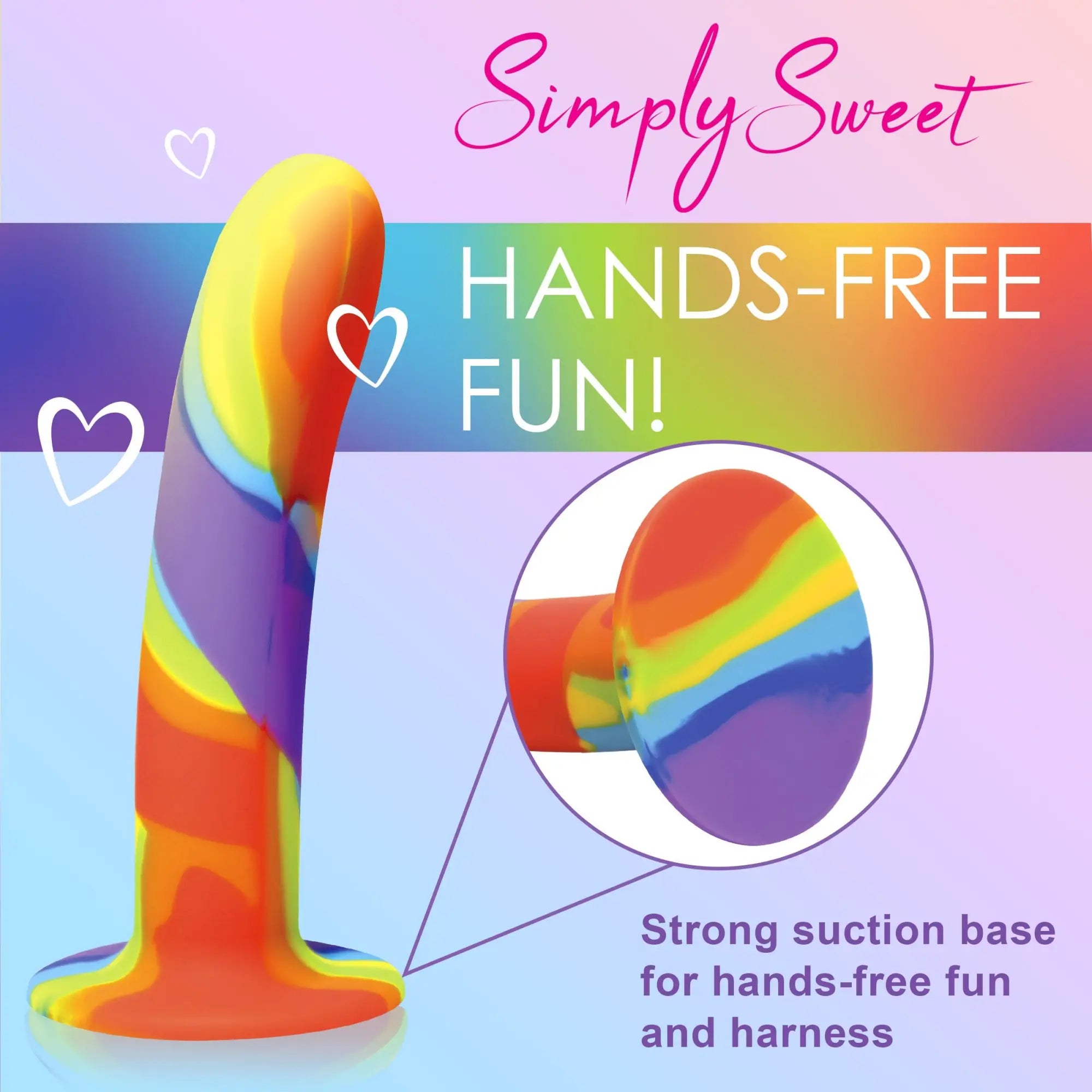 Curve Toys Rainbow Silicone Dildo, a curved, multi-colored swirl phallic toy with a suction cup base.
