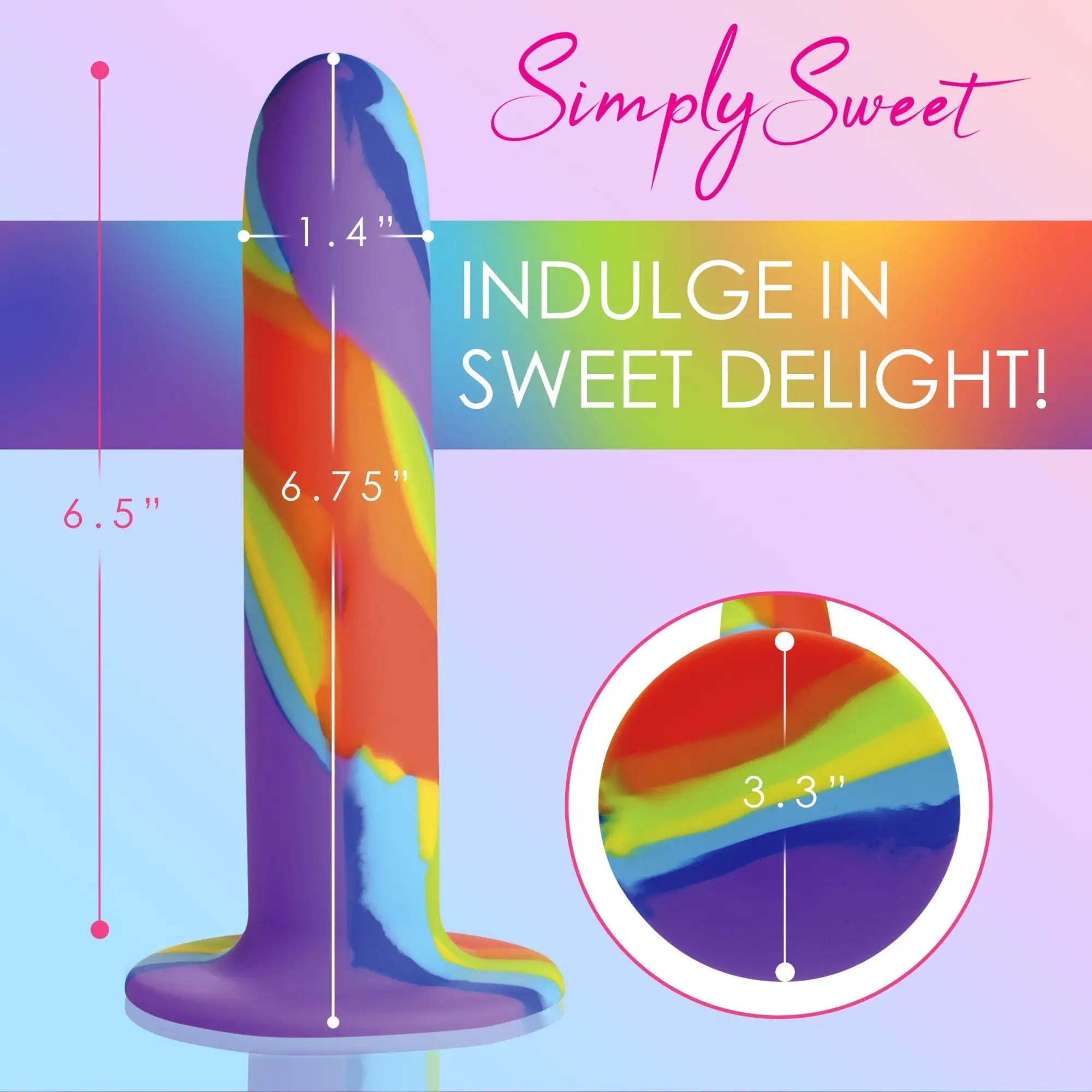 Curve Toys Rainbow Silicone Dildo, a swirled, multi-colored smooth dildo with base, showing dimensions in an ad layout.