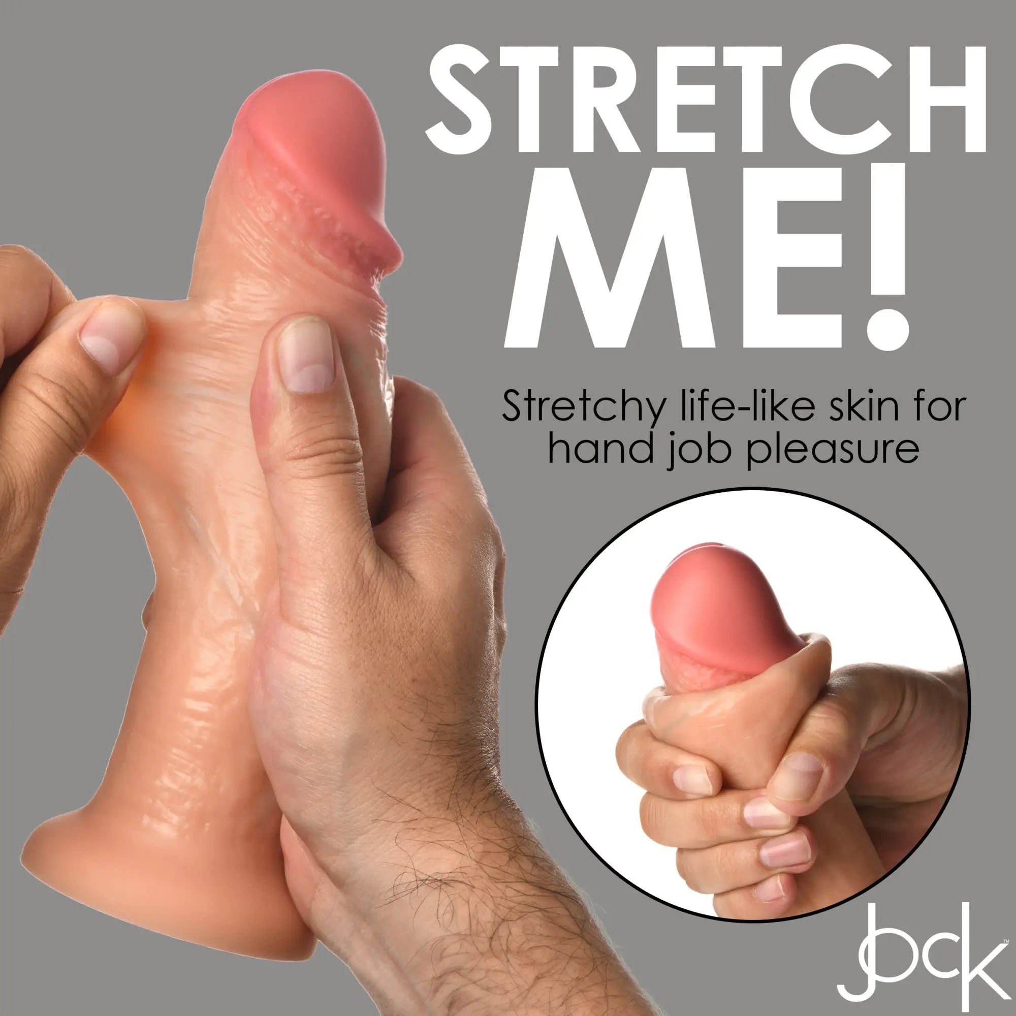 Curve Toys Real Skin Silicone Dildo: A flesh-toned, realistic textured dildo being stretched by hands.