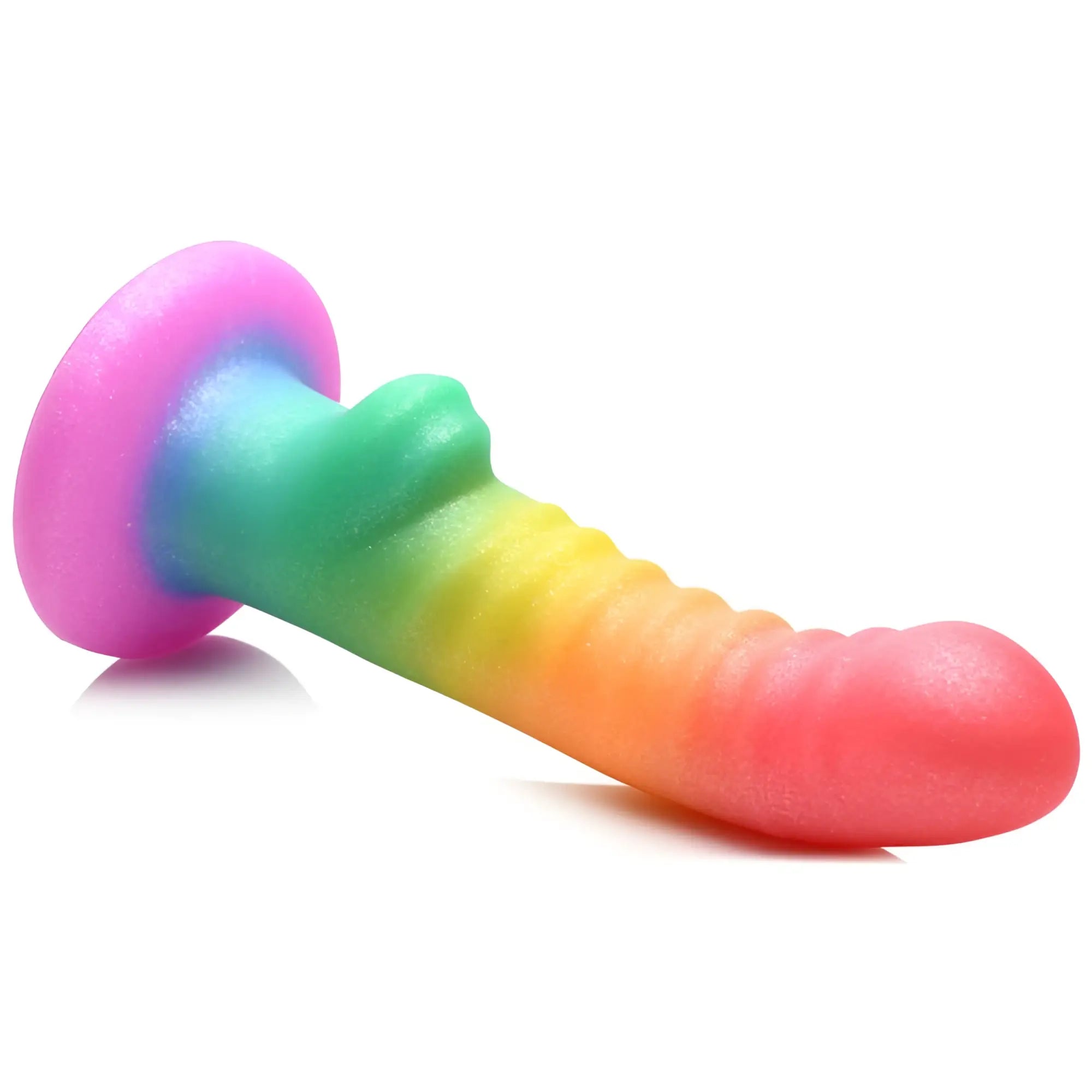 Curve Toys Ribbed Rainbow Silicone Dildo: A curved, ribbed, multicolored silicone toy with a flared suction base.