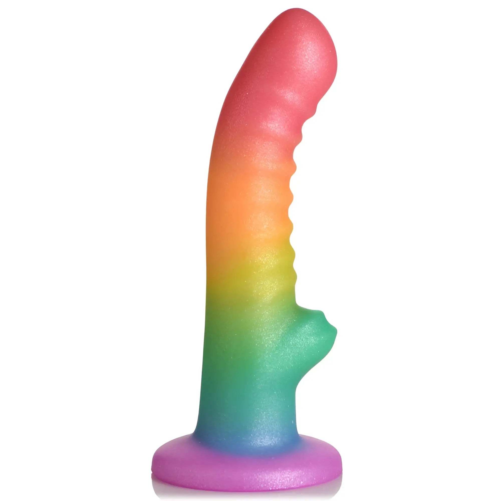 Curve Toys Ribbed Rainbow Silicone Dildo with a curved, textured shaft and purple suction cup base on a white background.
