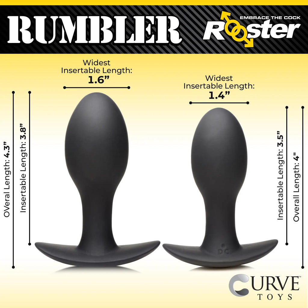 Curve Toys Rumbler: Two matte black, silicone, T-base vibrating butt plugs shown with measurements in a product diagram.