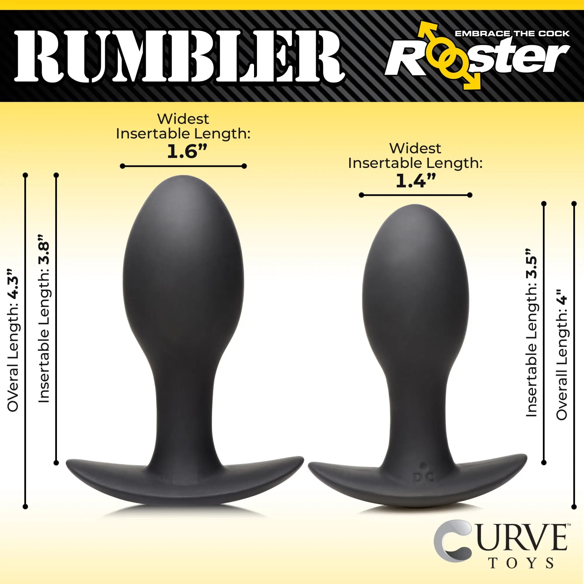 Curve Toys Rumbler: Two matte black, silicone, T-base vibrating butt plugs shown with measurements in a product diagram.