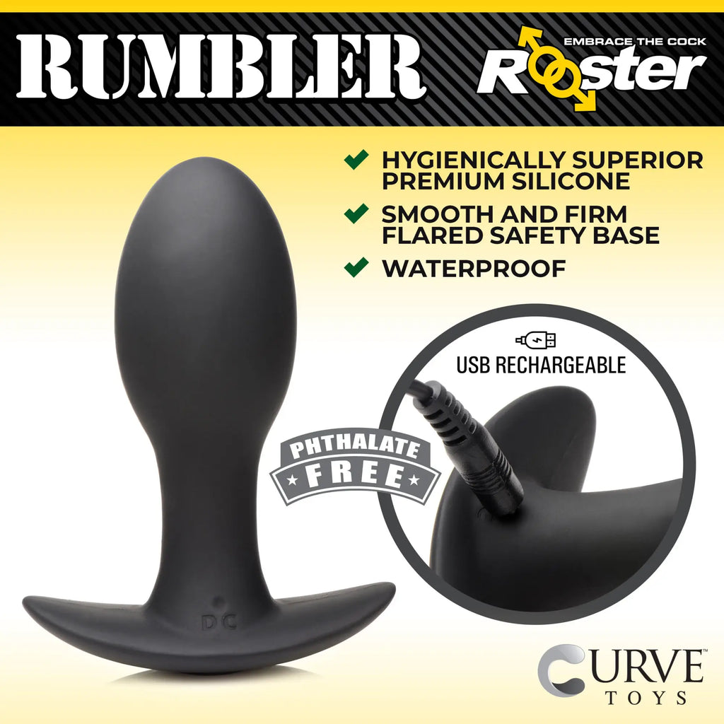 Curve Toys Rumbler: A matte black, silicone, vibrating butt plug with a flared base and USB charging capability.