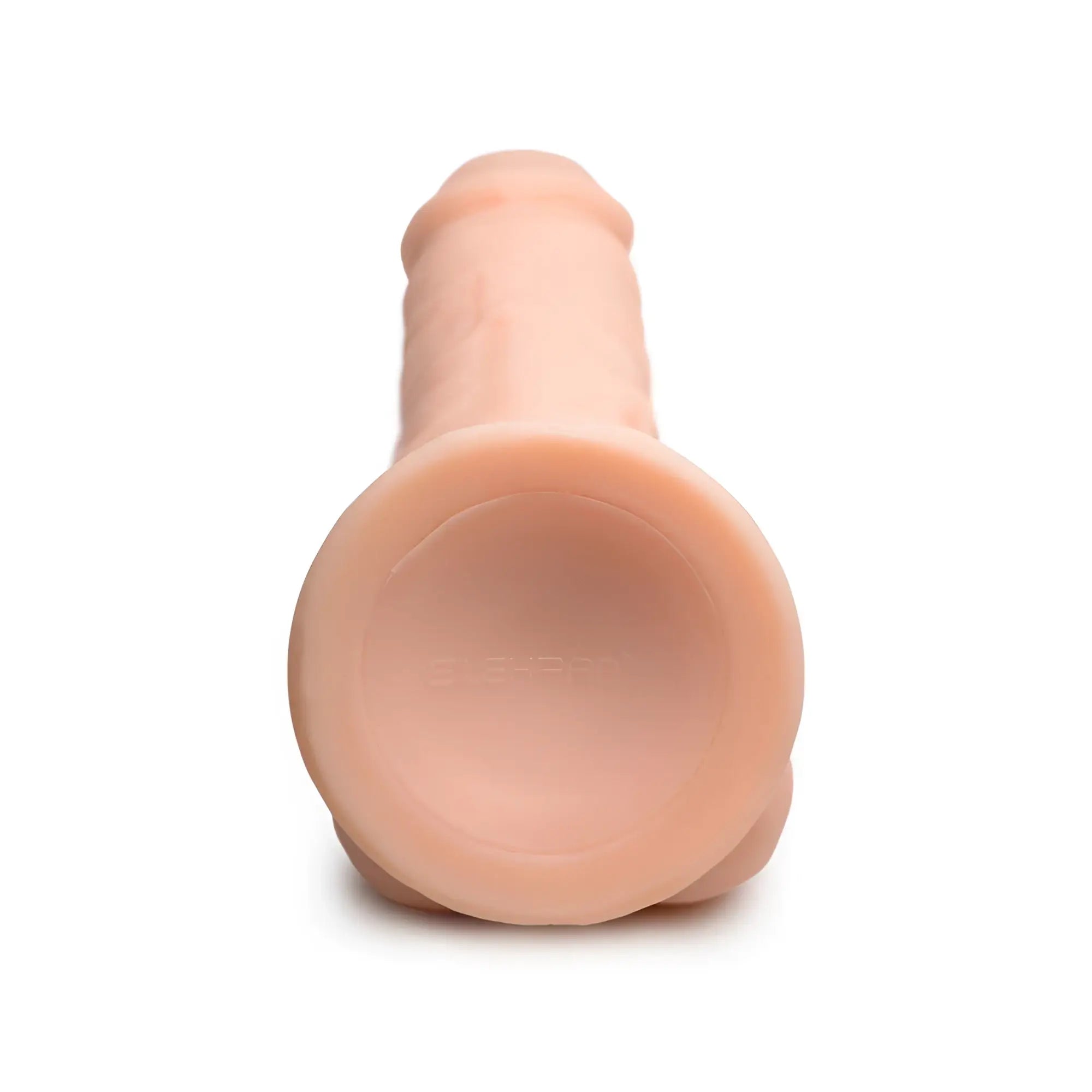 Curve Toys Silexpan hypoallergenic silicone dildo in beige, shown from the suction cup base, isolated on white.