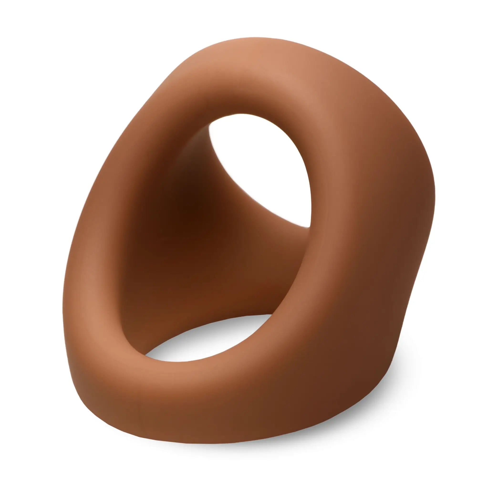 Curve Toys brown silicone cock and ball ring with an angled, ergonomic teardrop design on a white background.
