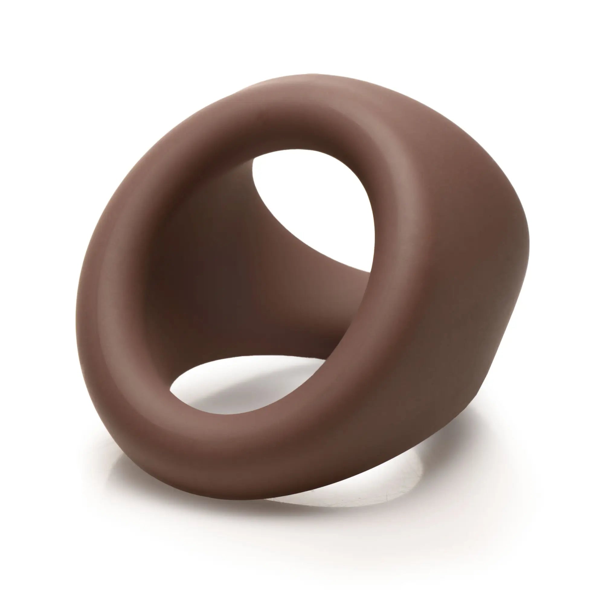 Curve Toys brown silicone cock and ball ring with an angled, ergonomic design on a white background.