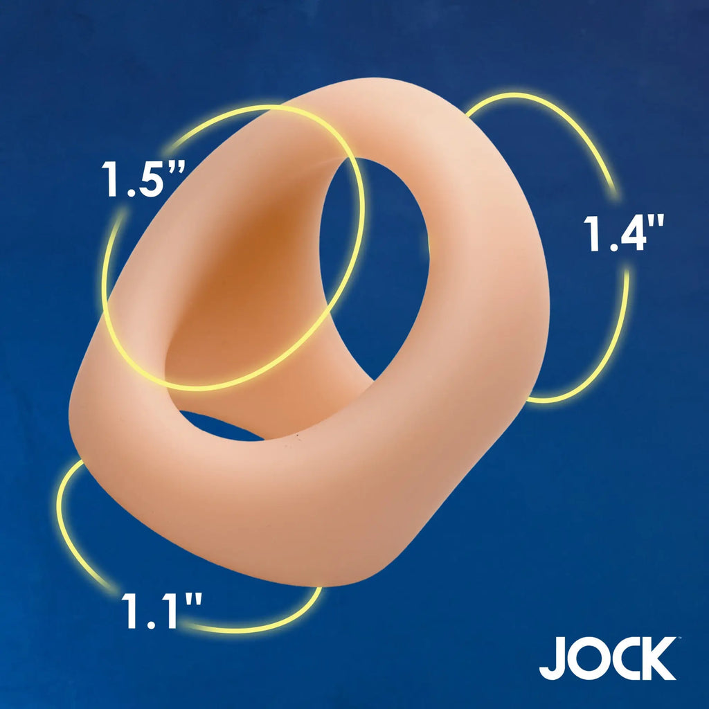 Curve Toys silicone cock and ball ring in nude, featuring yellow measurement overlays against a dark blue background.