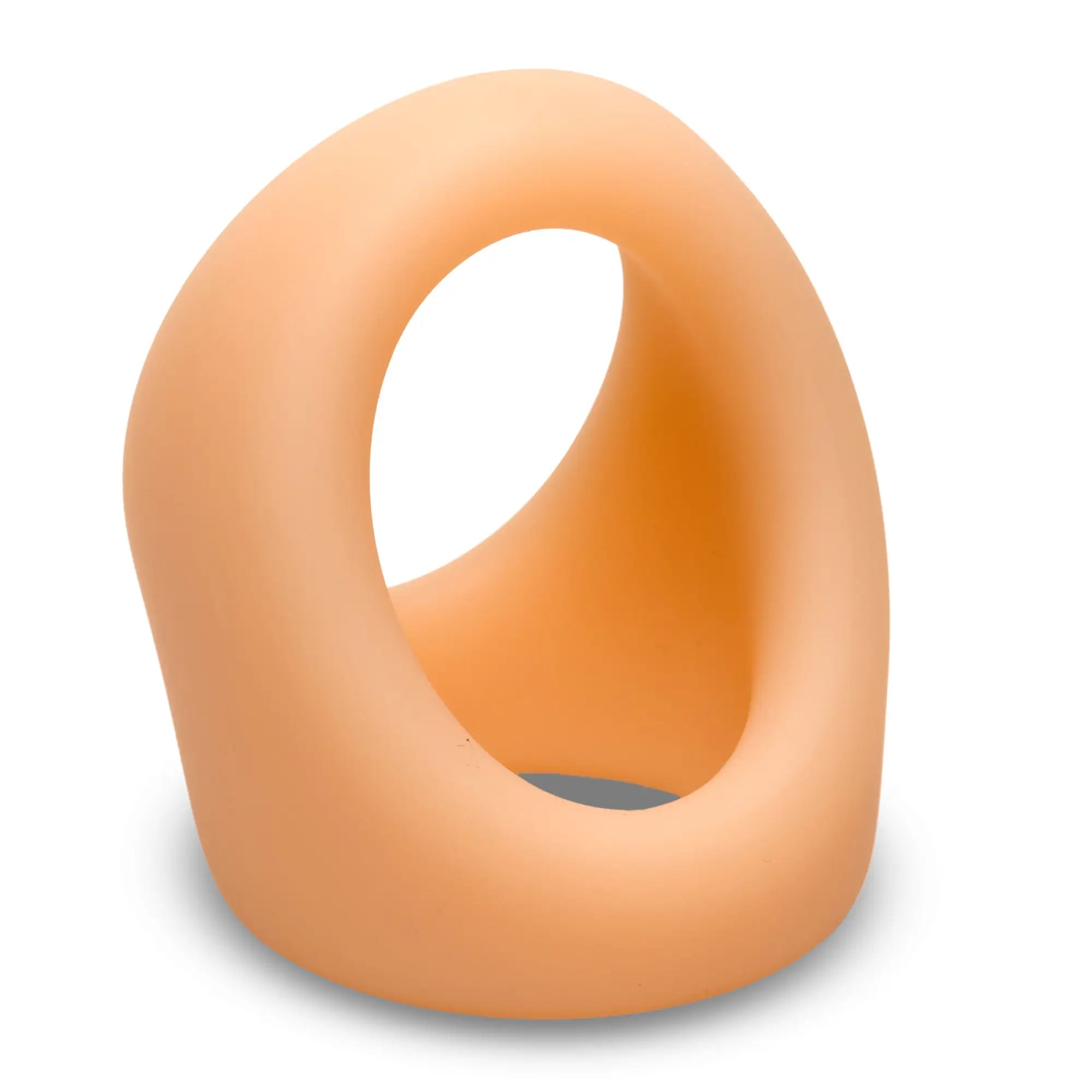 Curve Toys silicone cock and ball ring in a smooth, peach-colored, asymmetrical loop design.