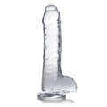 Curve Toys Slim C-Thru clear dildo with balls, featuring a realistic textured design and a flat base on white.