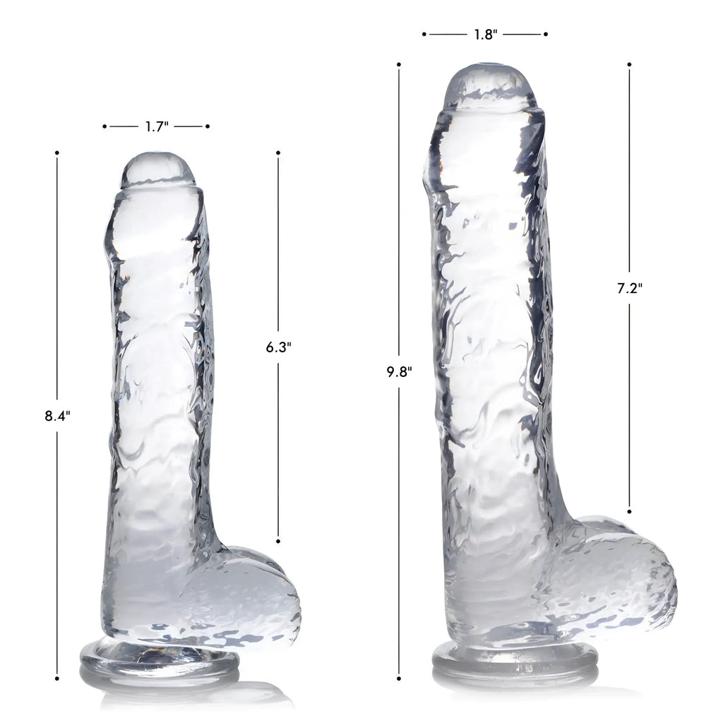 Two Curve Toys Slim C-Thru clear dildos with testicles, shown side-by-side with measurement labels.