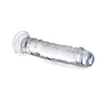 Curve Toys Slim C-Thru clear dildo with a textured shaft and flared base, isolated on a white background.