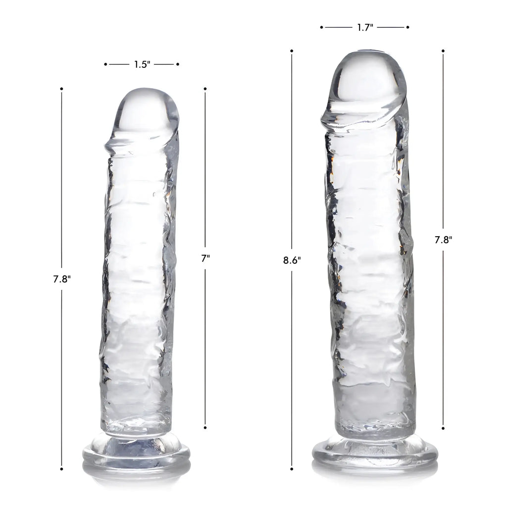 Curve Toys Slim C-Thru clear dildos side-by-side, featuring textured shafts, suction bases, and size dimension markers.