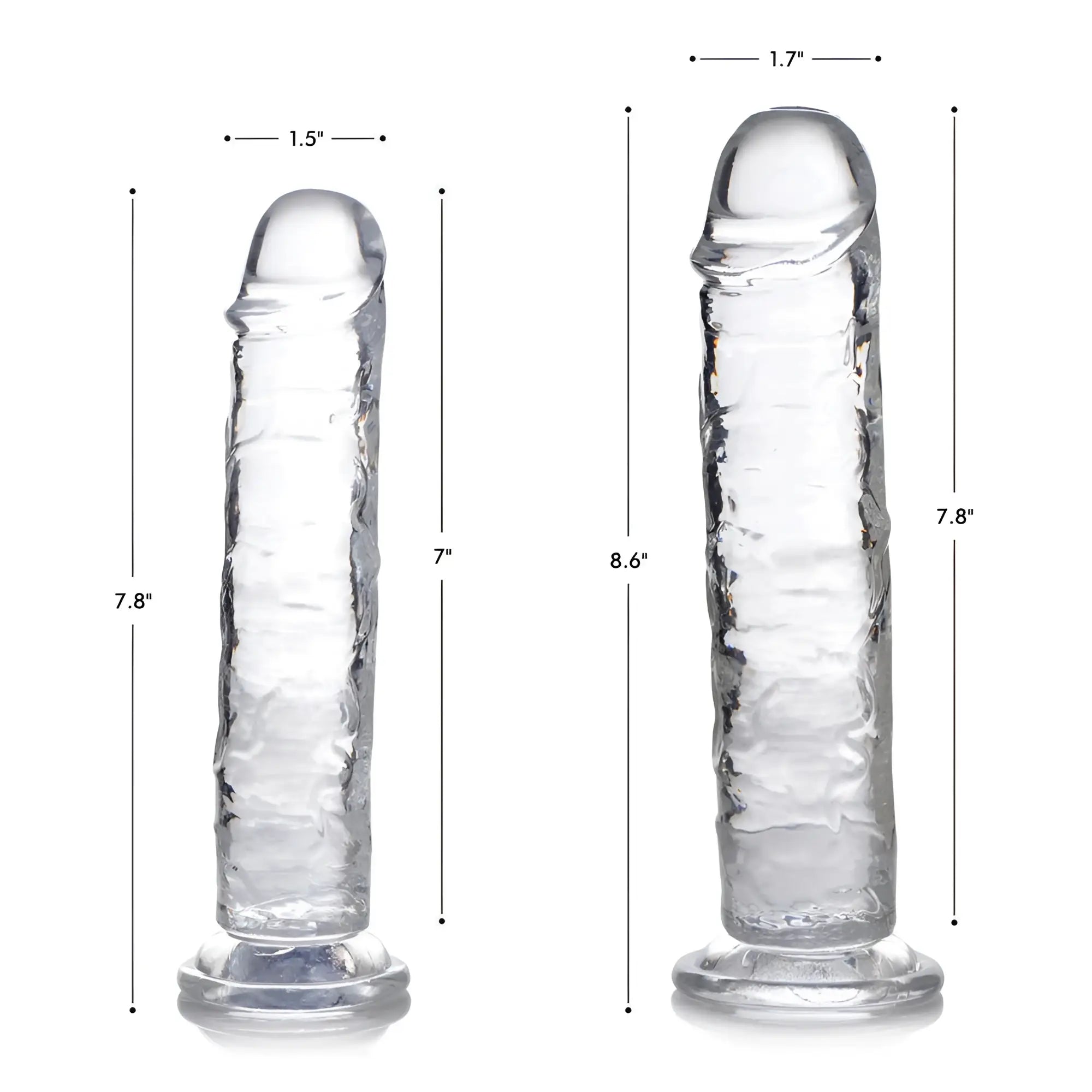 Curve Toys Slim C-Thru clear dildos side-by-side, featuring textured shafts, suction bases, and size dimension markers.