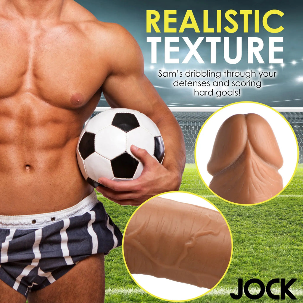 Curve Toys Soccer Sam 7 Inch Dildo, a realistic, tan, textured phallic toy shown against a soccer field background.