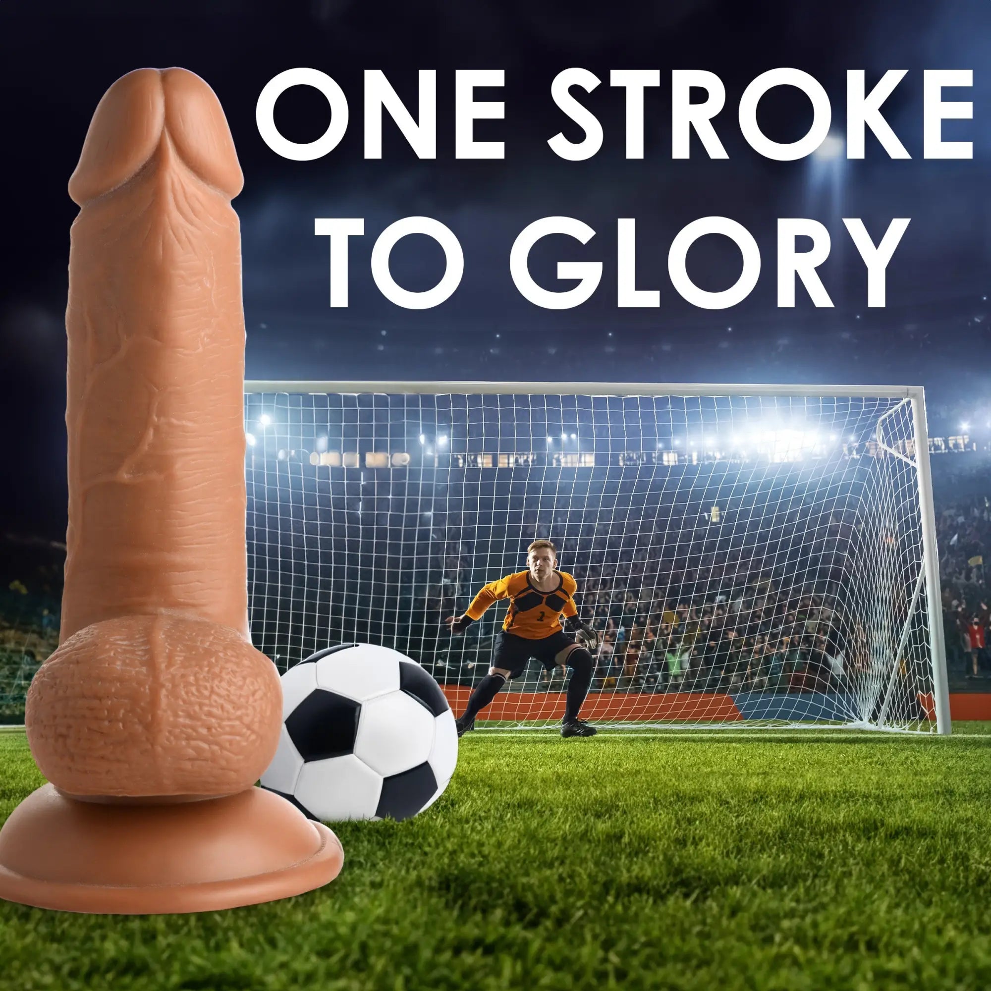 Curve Toys Soccer Sam 7-inch tan, realistic dildo with a suction cup base against a soccer stadium background.