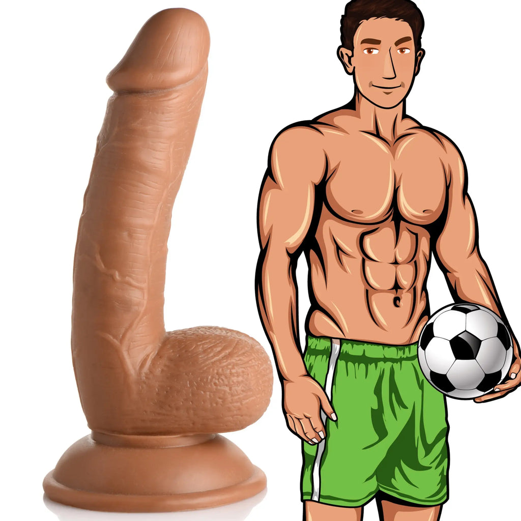 Curve Toys Soccer Sam 7-inch tan, realistic textured dildo with suction cup base next to a cartoon soccer player.