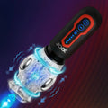 Curve Toys black handheld masturbator with a clear textured sleeve, glowing blue control panel, and motion indicators.