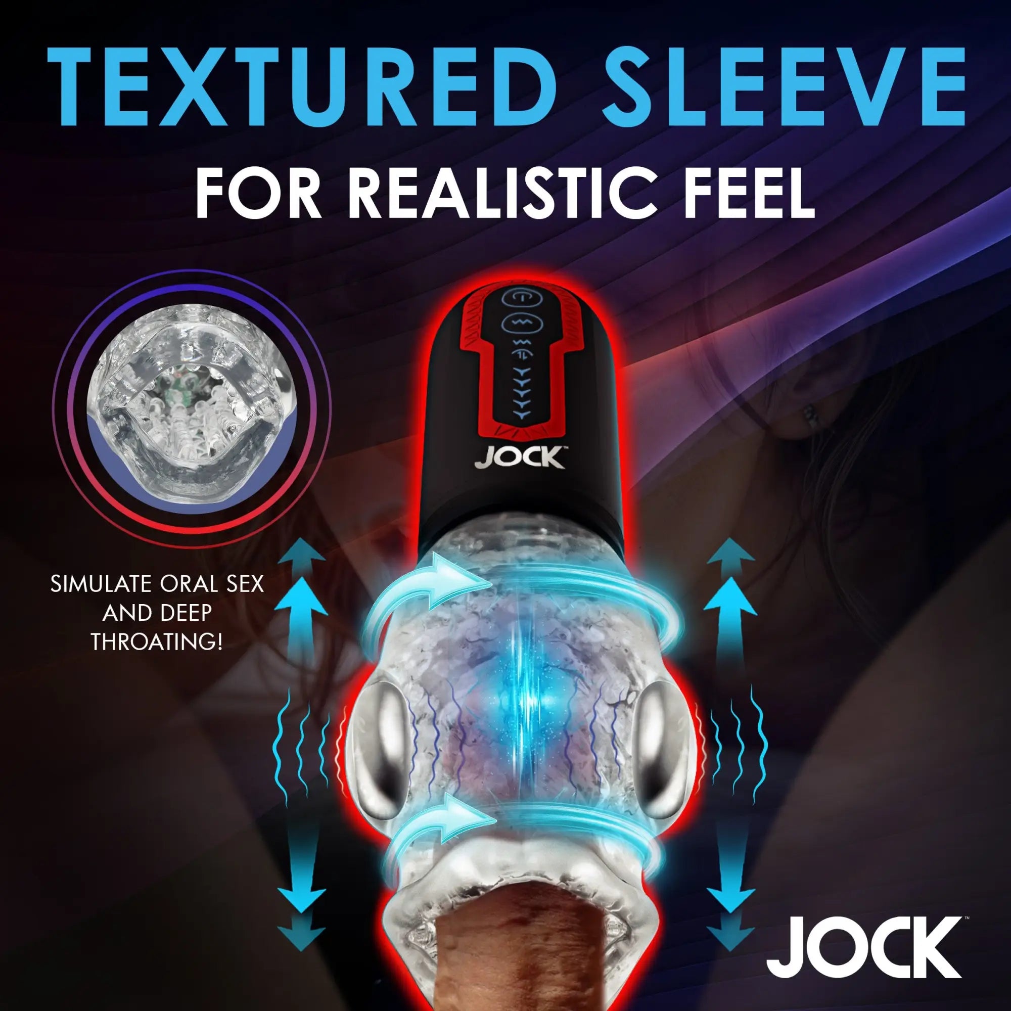 Curve Toys Spinning and Thrusting Masturbator with a clear, textured sleeve and a black base with red accents.