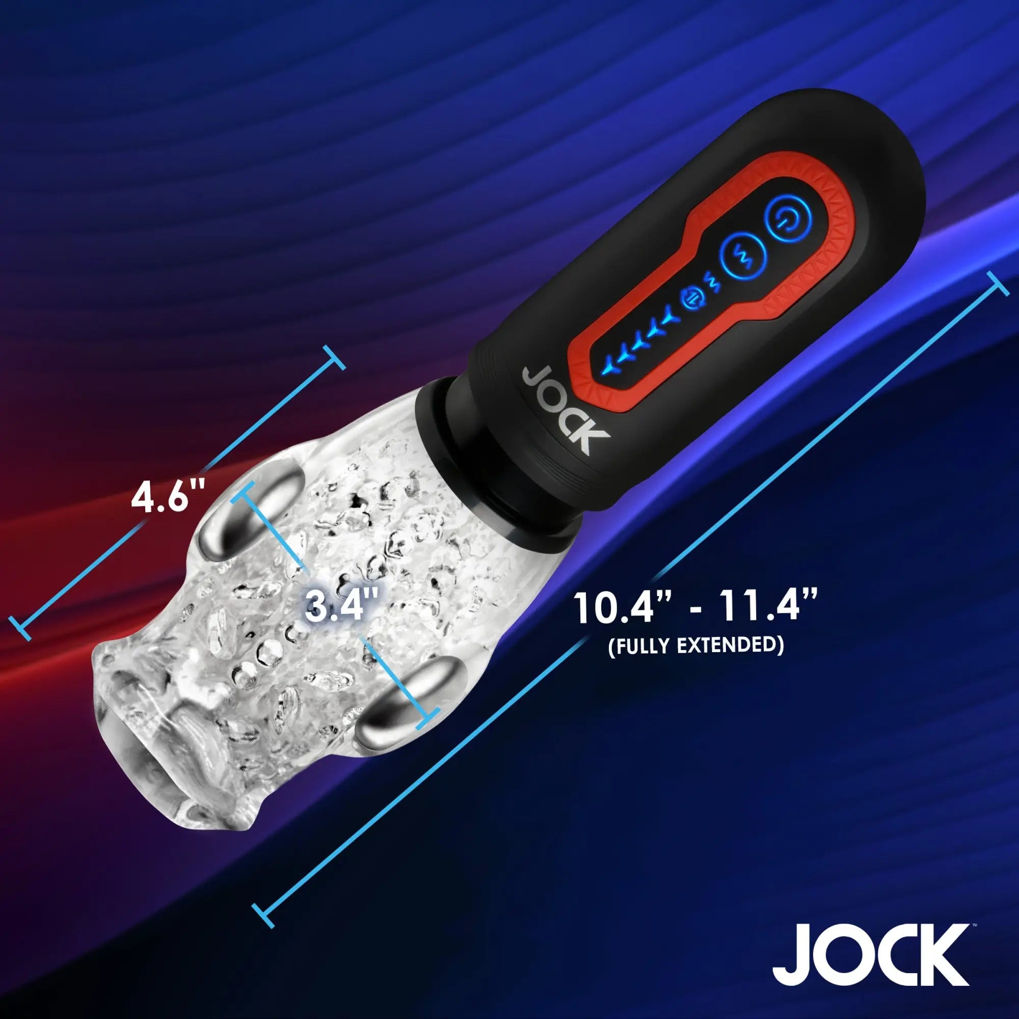 Curve Toys Spinning and Thrusting Masturbator: Black handle with blue-lit controls, clear textured sleeve, 2 silver bullets.