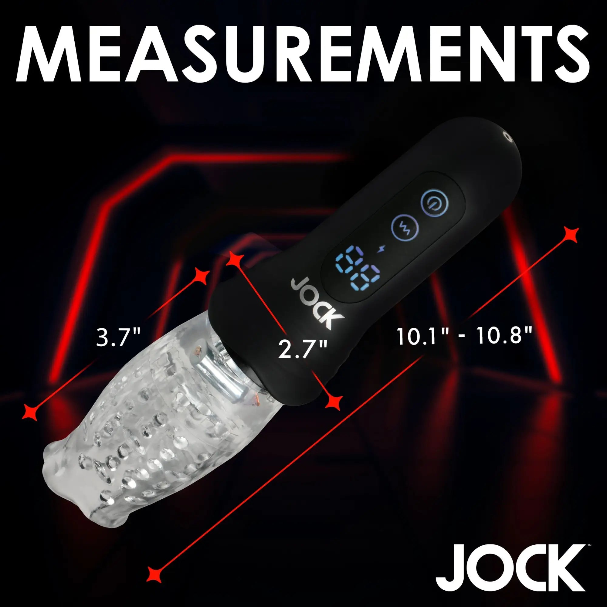 Curve Toys masturbator with clear textured sleeve and black digital handle against a dark red geometric background.