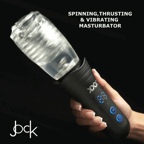 Curve Toys masturbator with a black handle, digital display, and a clear, spinning silicone sleeve on a black background.