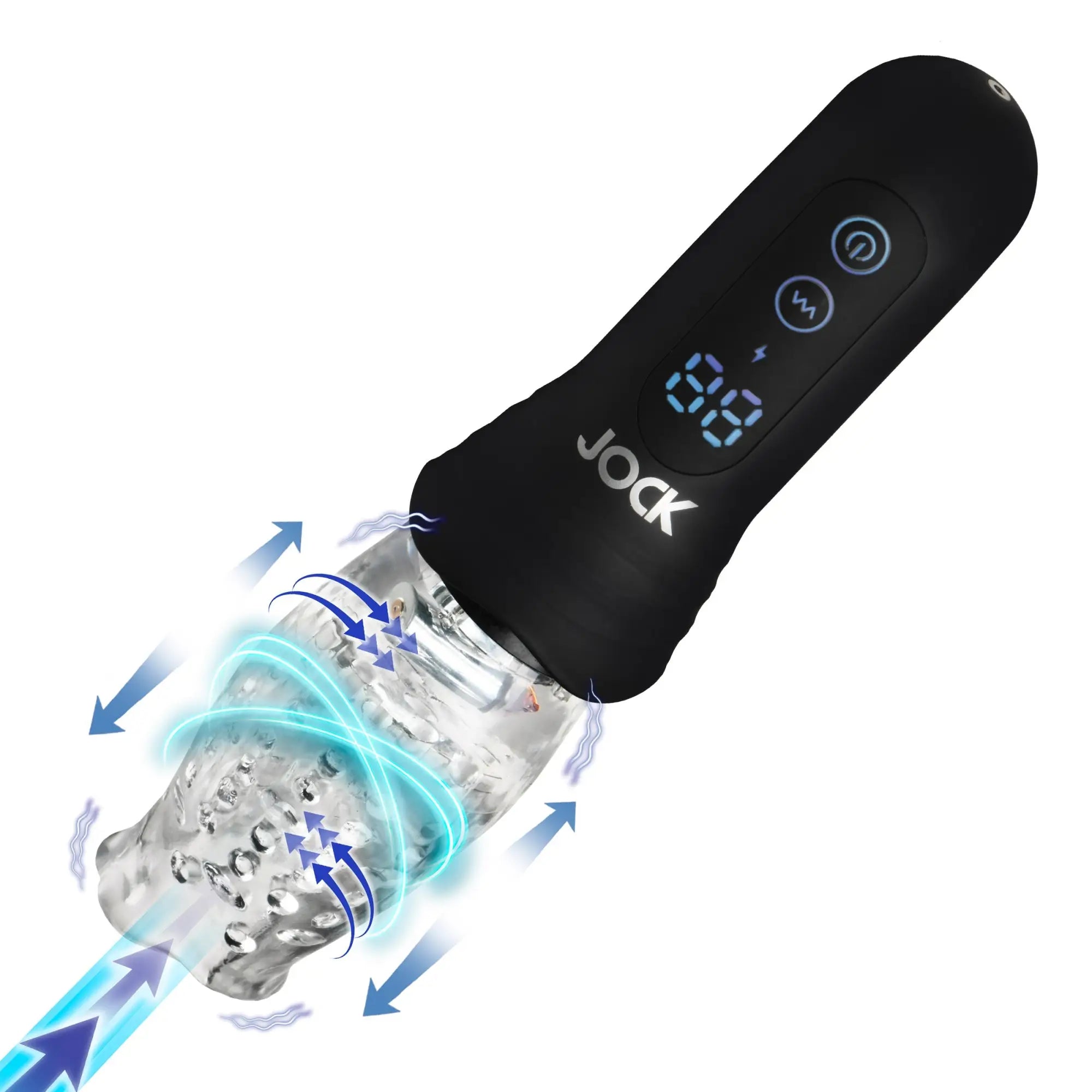 Curve Toys black masturbator with LED display, clear textured sleeve, and motion arrows indicating rotation and thrust.