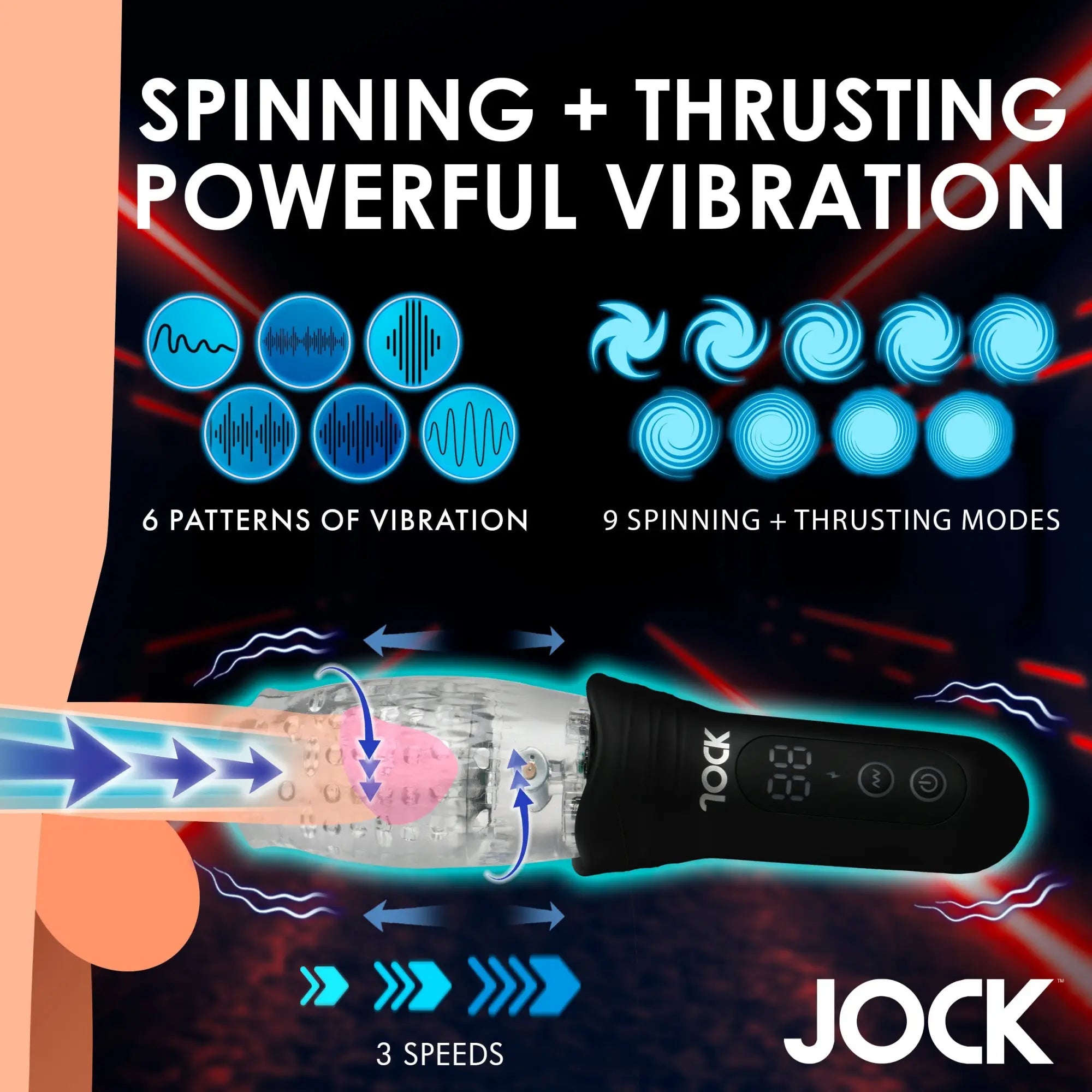 Curve Toys masturbator with a black handle, clear textured sleeve, and digital display showing vibration/thrusting modes.