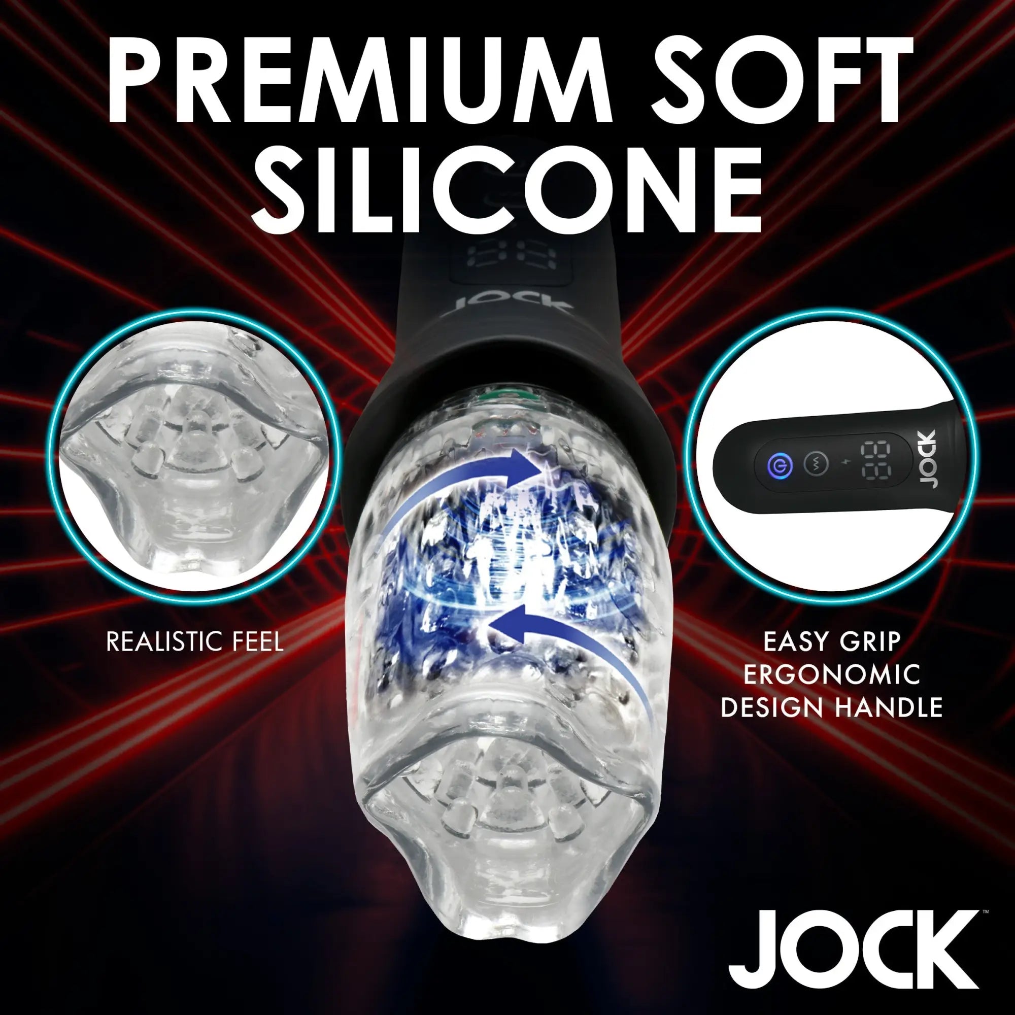 Curve Toys Masturbator: A black handheld device with a textured, clear silicone sleeve, digital display, and controls.
