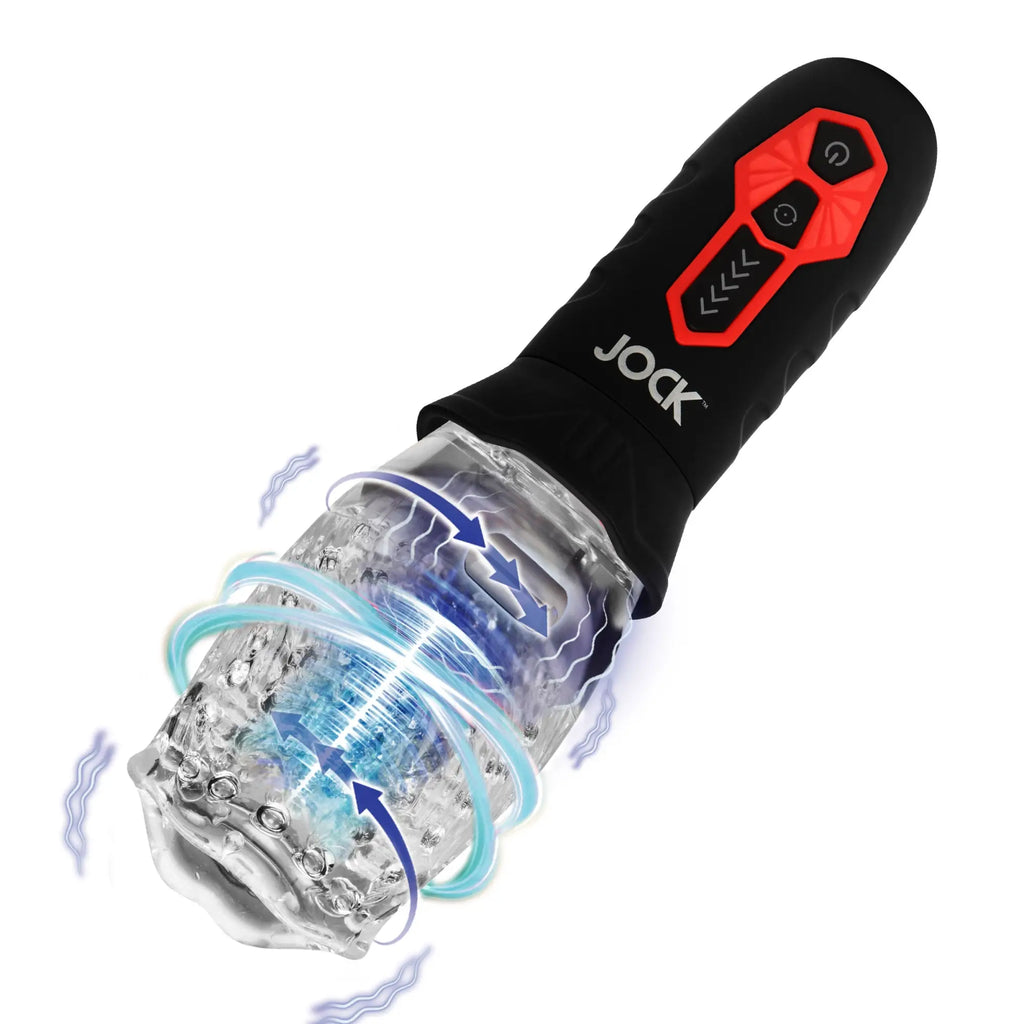 Curve Toys masturbator with black handle, red control panel, and clear textured sleeve showing spinning vibration motion.