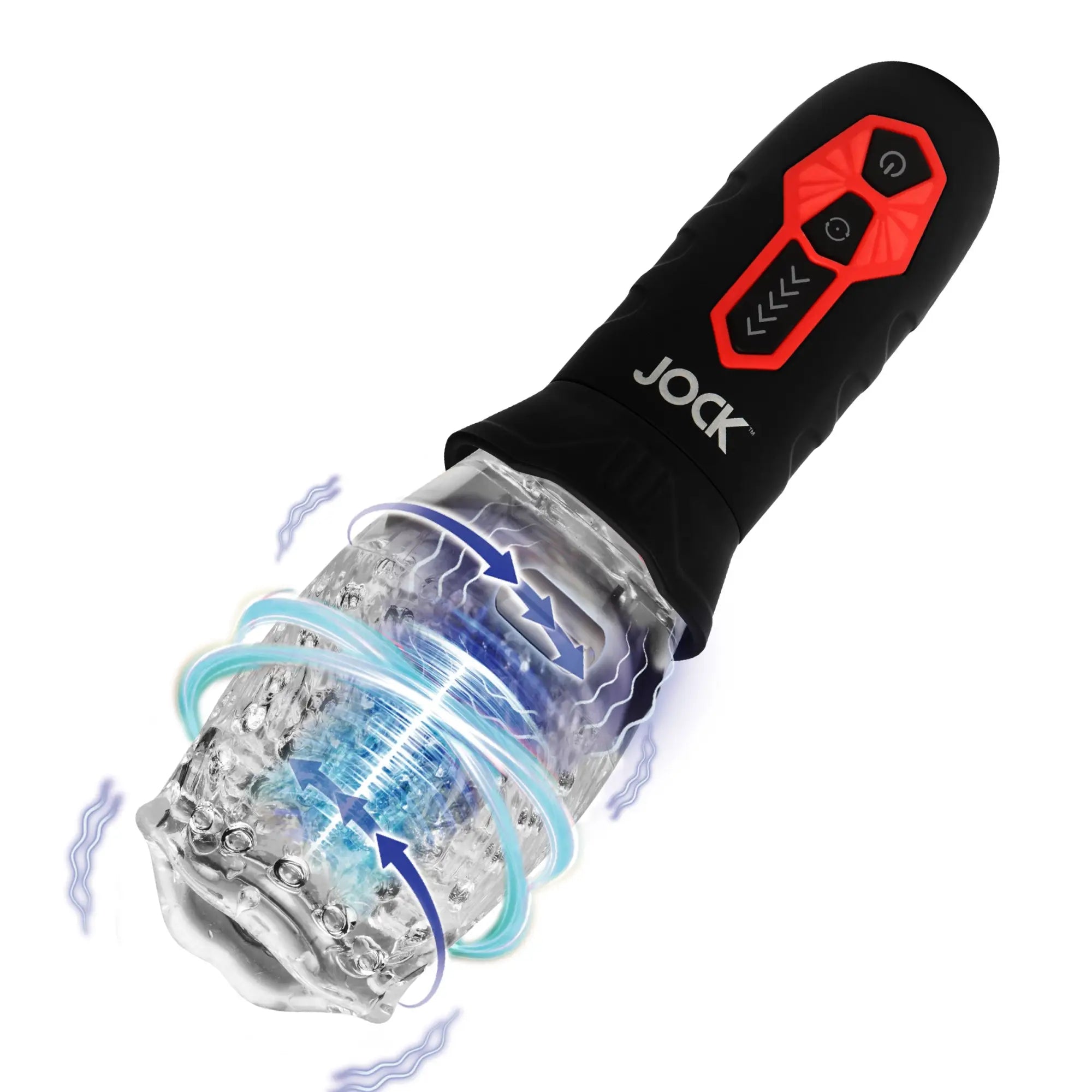 Curve Toys masturbator with black handle, red control panel, and clear textured sleeve showing spinning vibration motion.