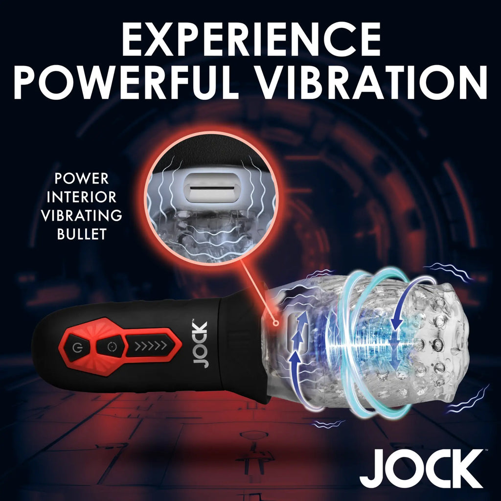 Curve Toys Spinning and Vibrating Masturbator: A black-and-red device with a textured, clear stroking sleeve.