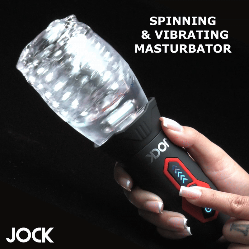 Curve Toys spinning and vibrating masturbator with a black handle, red control panel, and clear, textured sleeve.