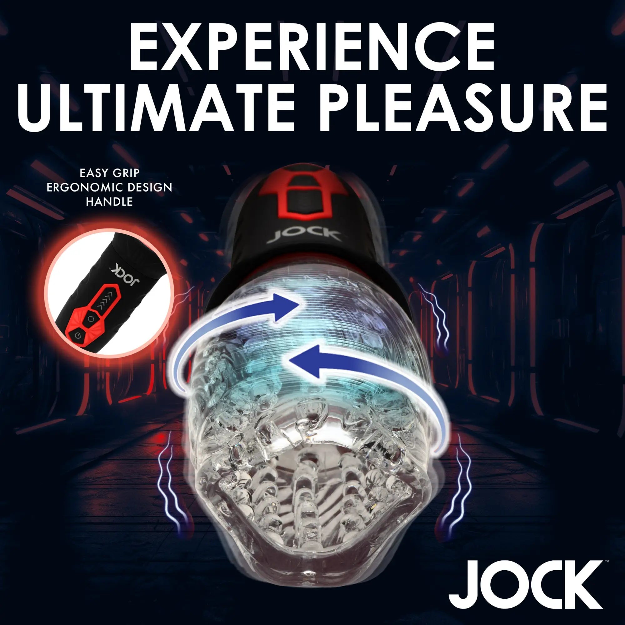 Curve Toys Spinning and Vibrating Masturbator: a black and red ergonomic device with a textured, clear internal sleeve.