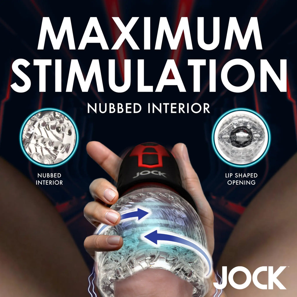 Curve Toys Spinning/Vibrating Masturbator: a black and clear toy held in hand, showing interior nubs and lip opening.