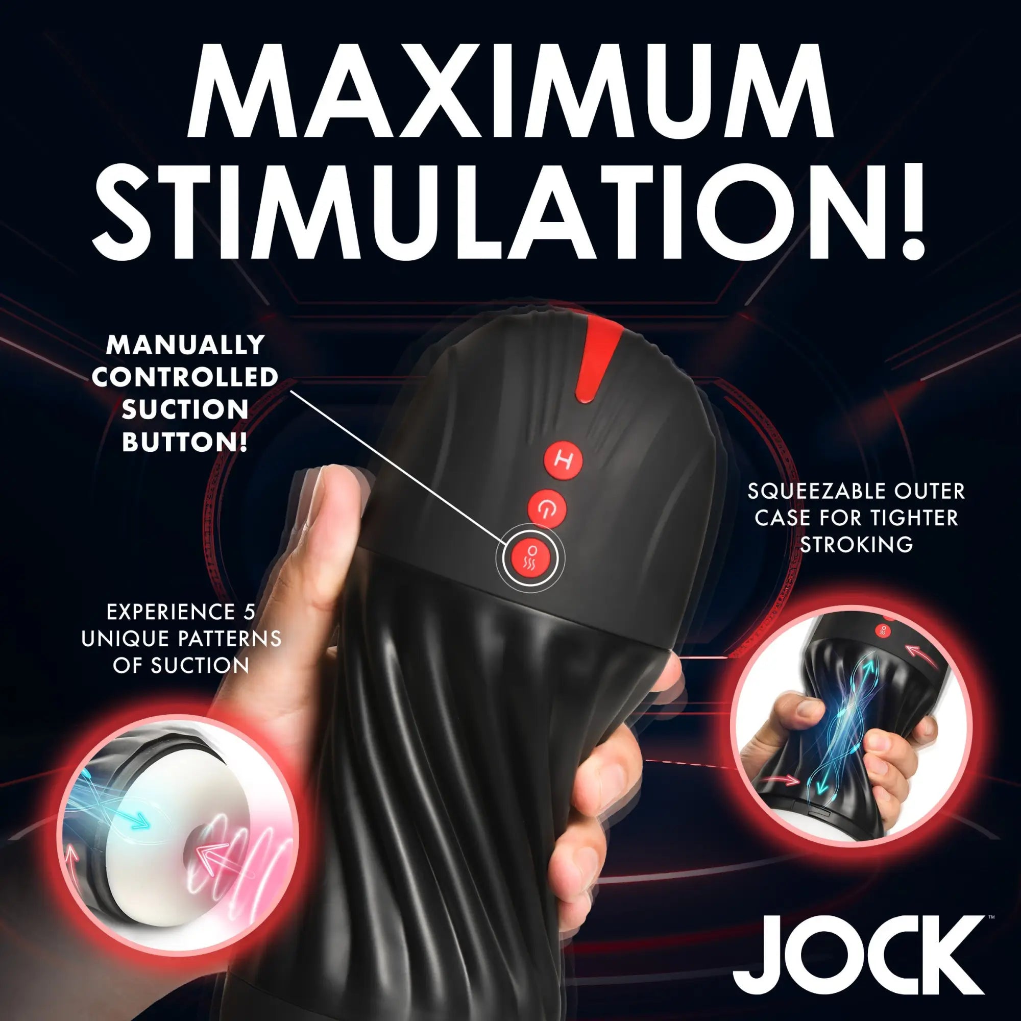 Curve Toys black sucking and vibrating masturbator with manual controls, squeezable case, and 5 suction patterns.