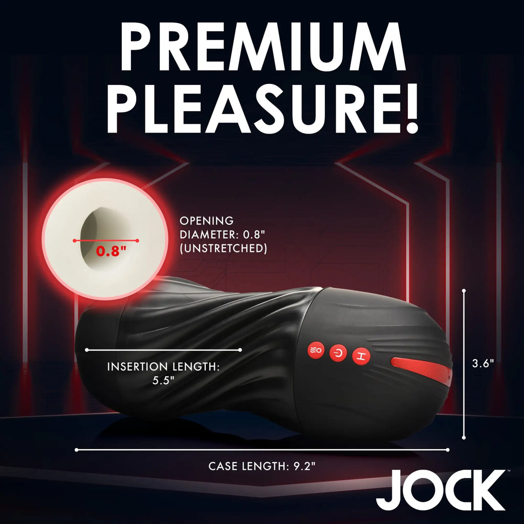 Curve Toys black masturbator with red buttons, featuring dimensions and an inset view of the 0.8" opening.