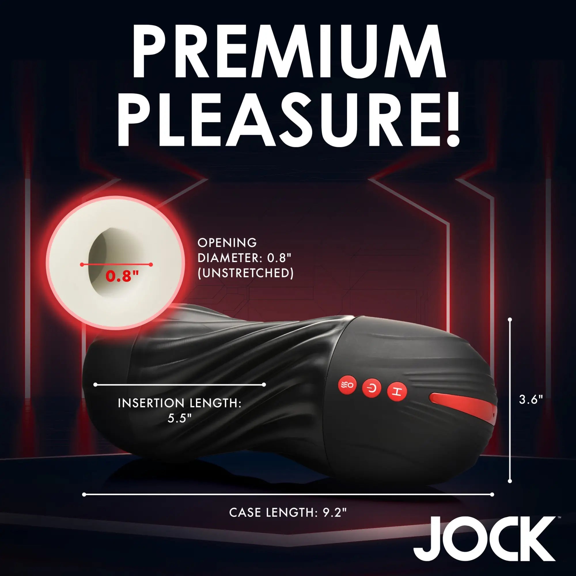 Curve Toys black masturbator with red buttons, featuring dimensions and an inset view of the 0.8" opening.
