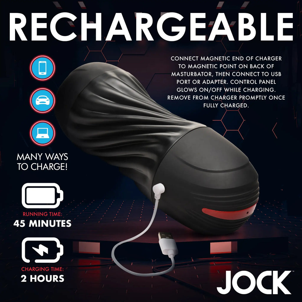Curve Toys sucking and vibrating masturbator in black with a magnetic charging cable and technical specs shown.