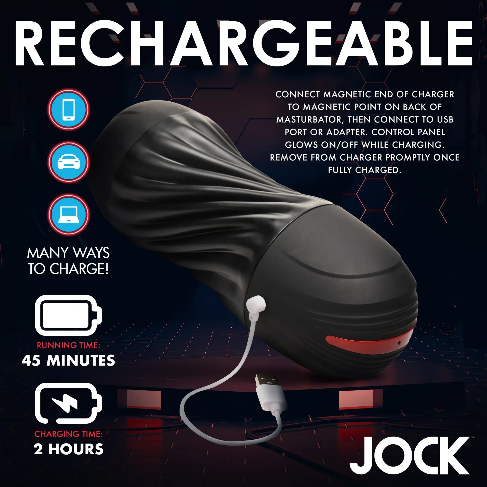 Curve Toys sucking and vibrating masturbator in black with a magnetic charging cable and technical specs shown.