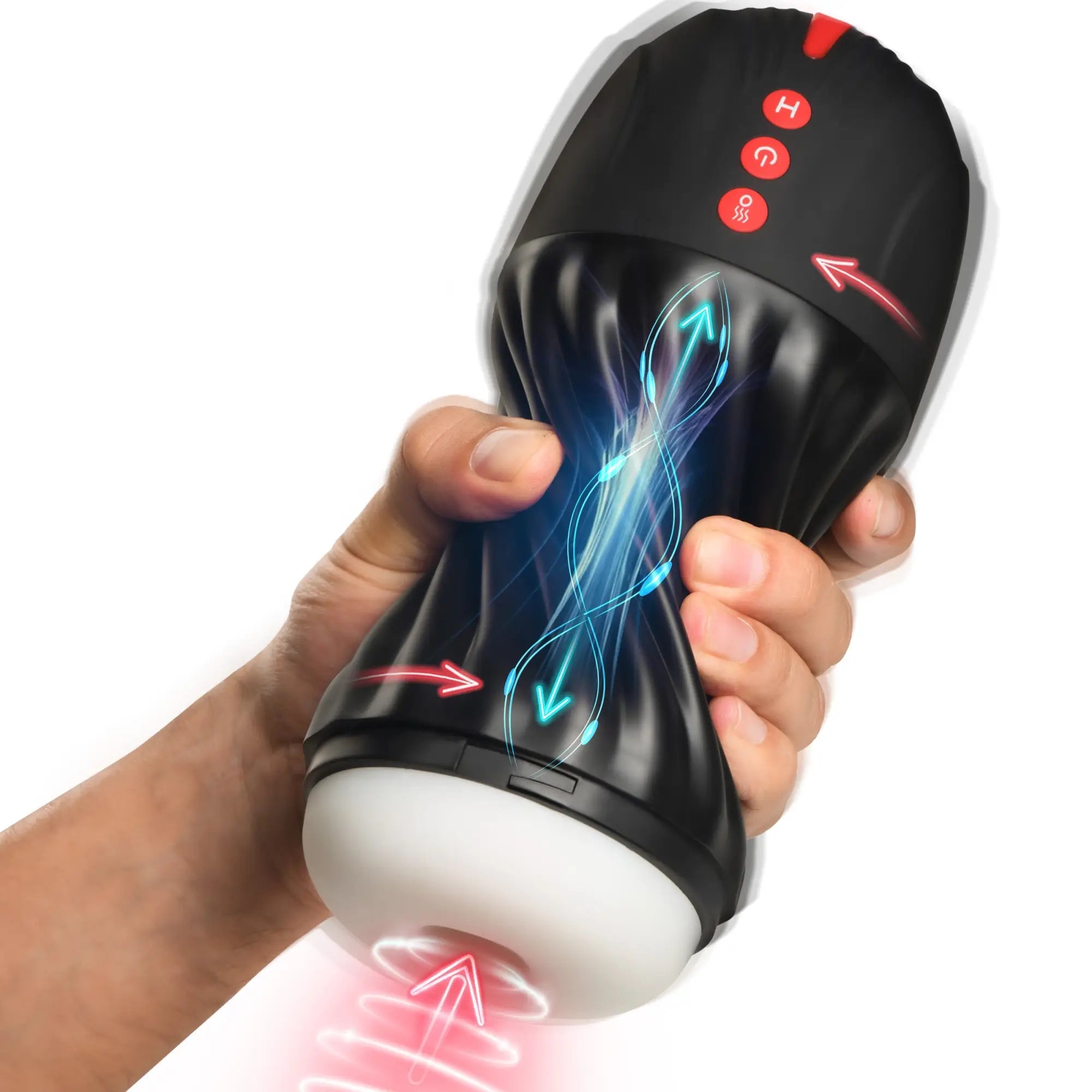 Curve Toys black handheld masturbator with white silicone base, control buttons, and glowing blue and red light effects.