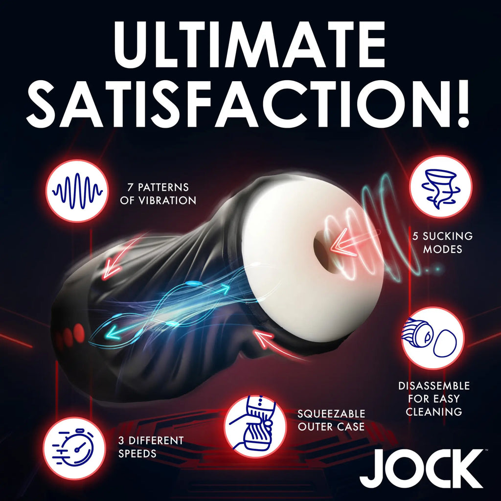 Curve Toys masturbator with a black textured sleeve, white core, and red control buttons, featuring multiple modes.