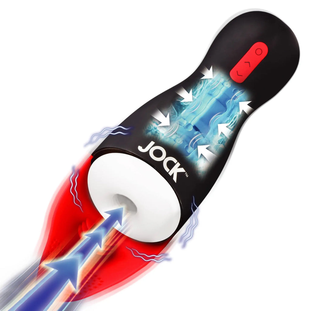 Curve Toys JOCK masturbator: Black handheld device with white interior, red buttons, and blue motion-effect arrows.