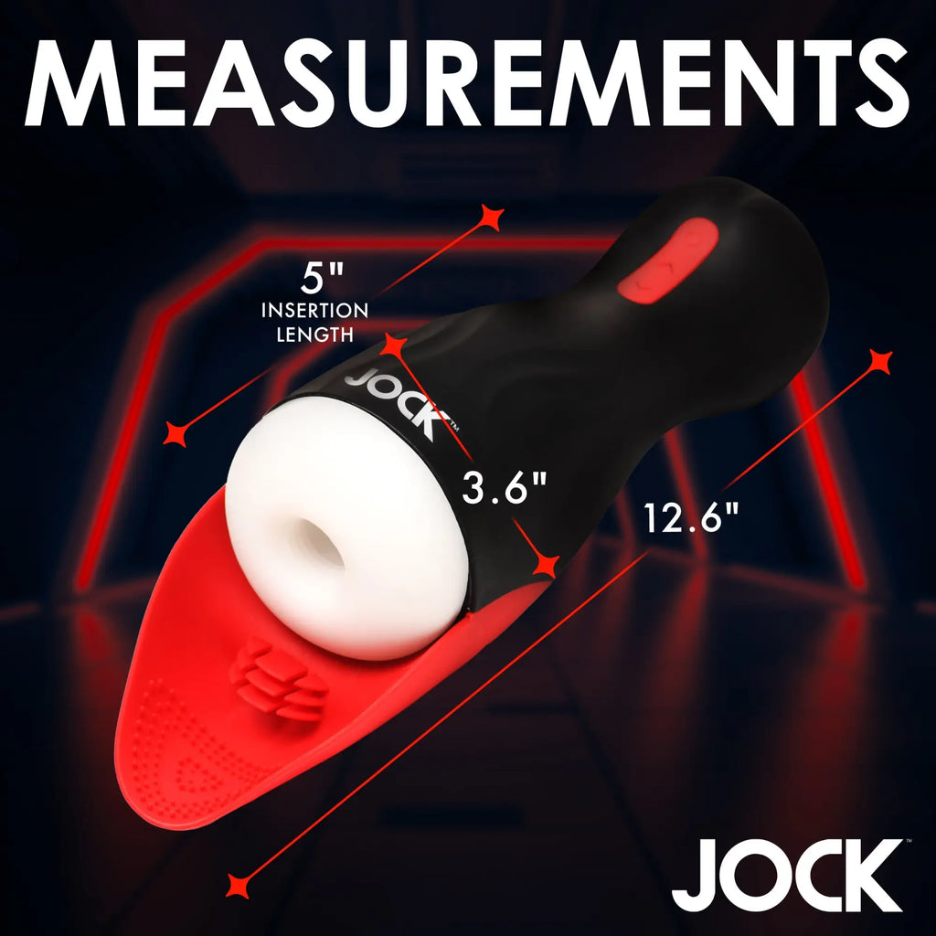Curve Toys masturbator with black casing, white insert, and red textured tongue attachment shown with measurements.