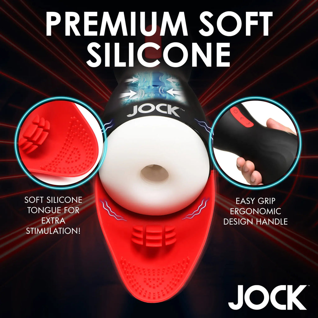 Curve Toys JOCK masturbator: a black device with a white suction opening, red textured tongue, and ergonomic handle.