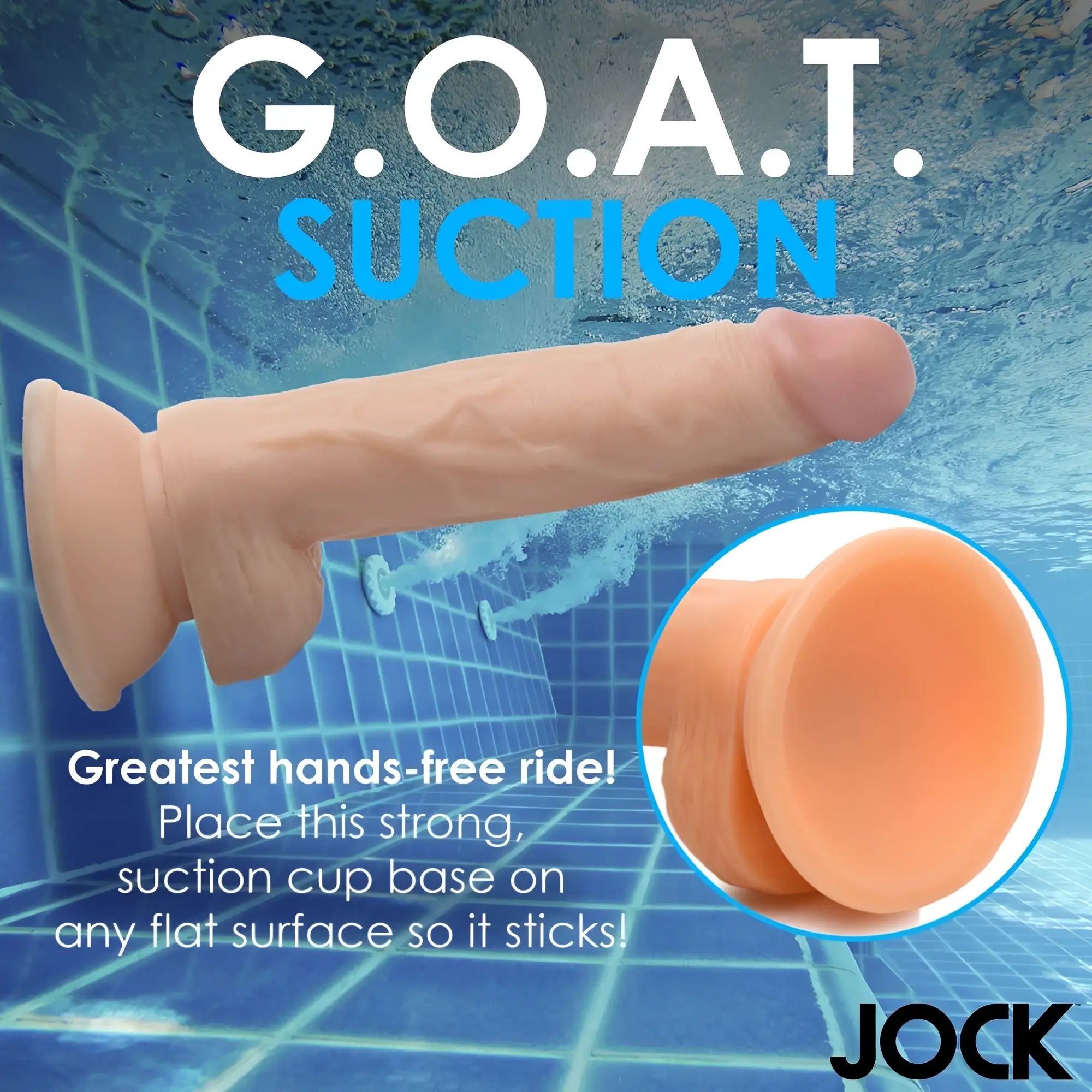 Curve Toys Swimming Simon 7-inch flesh-toned realistic dildo with a strong suction cup base shown against a pool background.